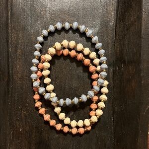 Three-Piece Beaded Stretch Bracelet Set — Blue, Cream & Coral